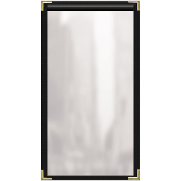 A black vinyl menu cover with gold smooth corners and a glossy finish.