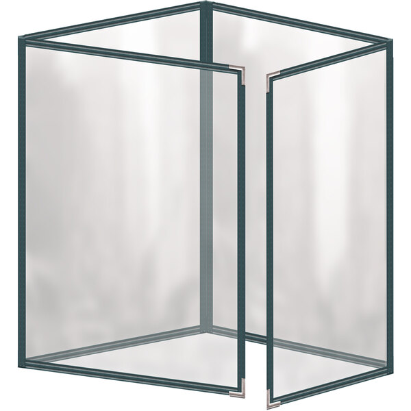A green vinyl menu cover with silver smooth corners and black trim on the inside.