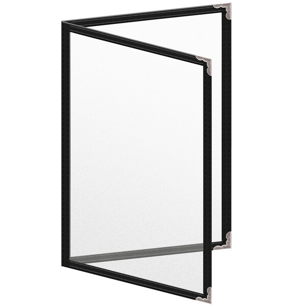 A black rectangular menu cover with silver decorative corners.