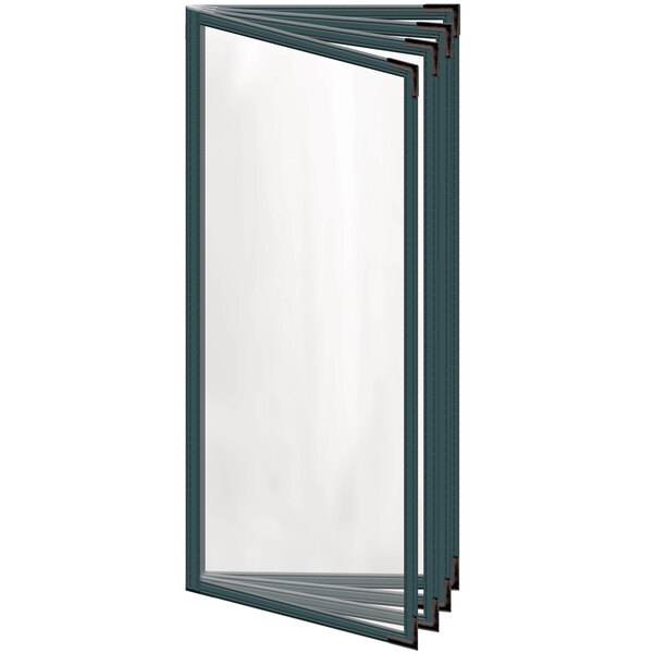 A rectangular green menu cover with black corners and a gloss finish.
