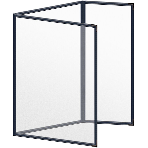 A white rectangular menu cover with black corners and a matte finish with a glass panel displaying a sign.