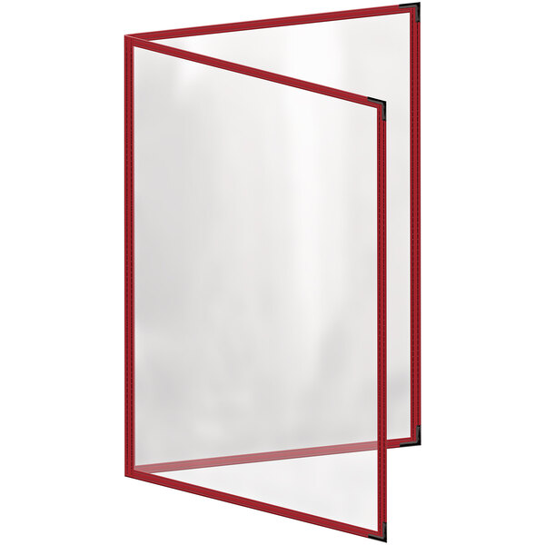 A white rectangular menu cover with red stitching and a clear insert.