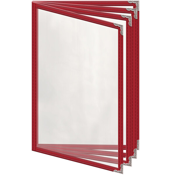 A red menu cover with silver decorative corners and 8 clear plastic pockets.