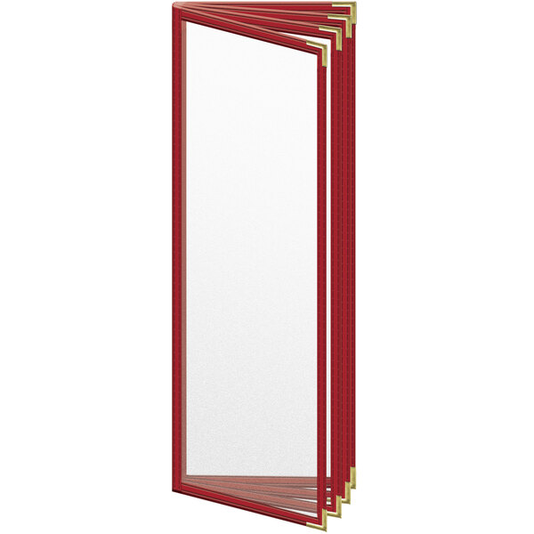 A red rectangular menu cover with gold corners and a matte finish.