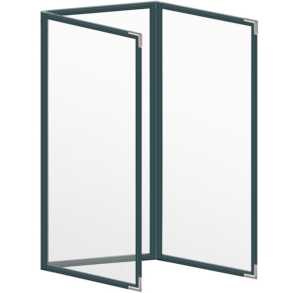 A white rectangular menu cover with a black border.