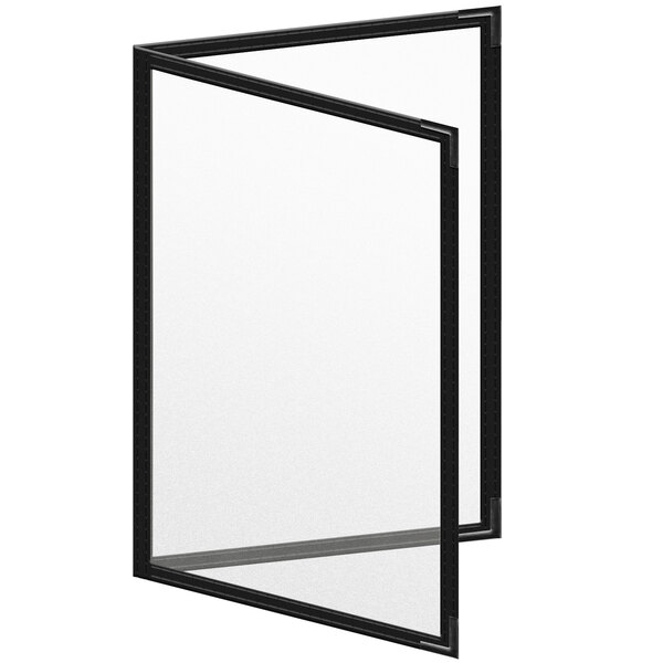 A black rectangular menu cover with clear glass panels.