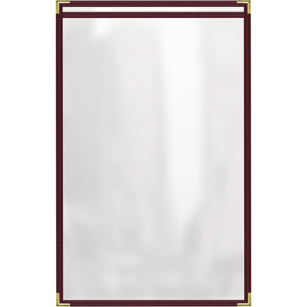 A white rectangular menu cover with a maroon border and gold corners.