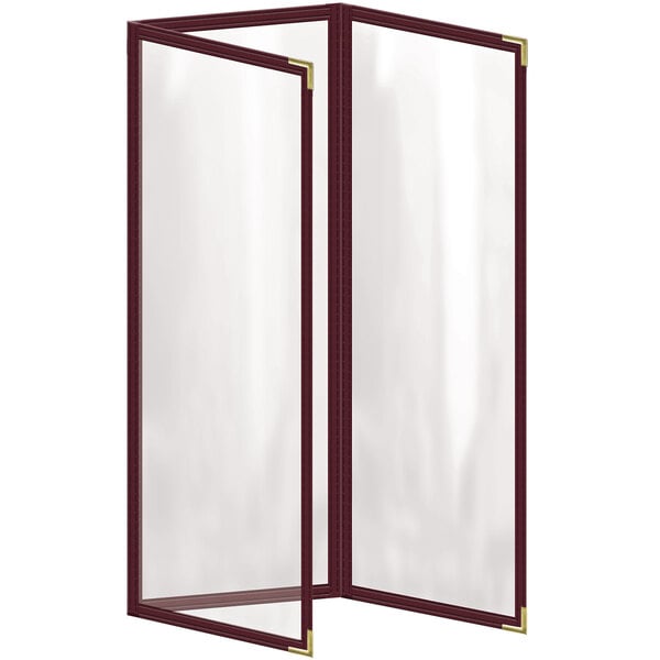 A maroon rectangular menu cover with gold corners.