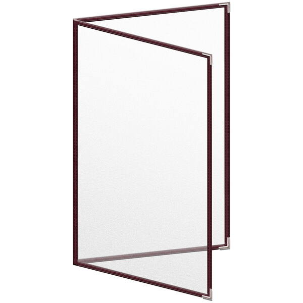 A maroon menu cover with a silver metal corner.