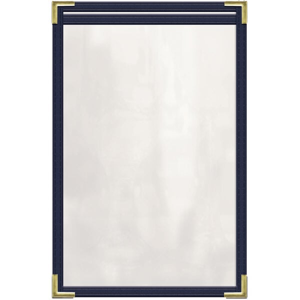 A white menu cover with gold smooth corners.