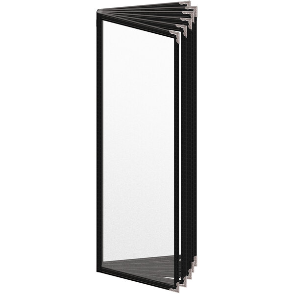 A black H. Risch Deluxe sewn vinyl menu cover with silver corners on a white background.