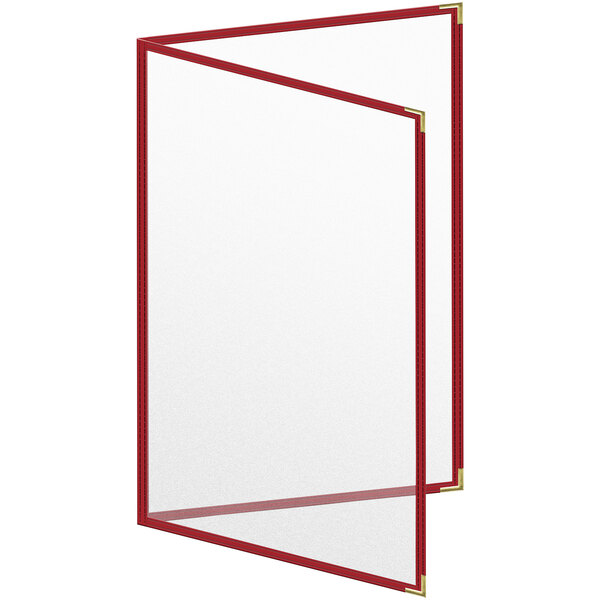 A red menu cover with a red border and gold smooth corners over white paper with red stitching.