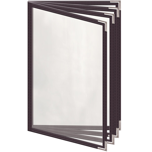 A close-up of a brown H. Risch, Inc. menu cover with silver metal corners.