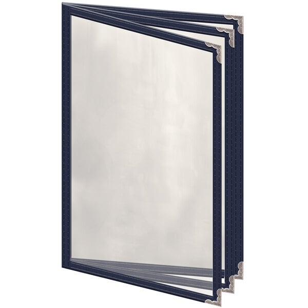 A blue rectangular menu cover with silver corners.