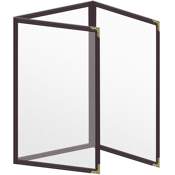 A brown vinyl menu cover with gold decorative corners.