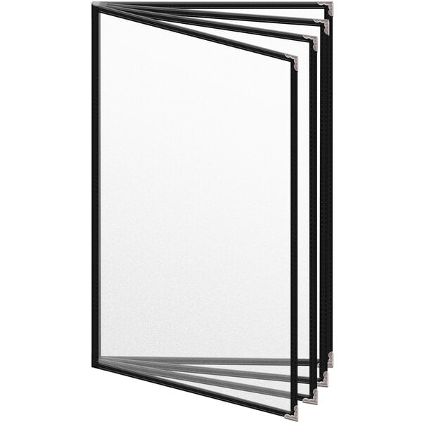 A stack of black TEDD menu covers with silver corners on top of white paper.