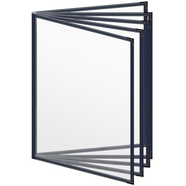 A stack of three blue H. Risch, Inc. Deluxe Sewn Menu Covers with black smooth corners on a white background.