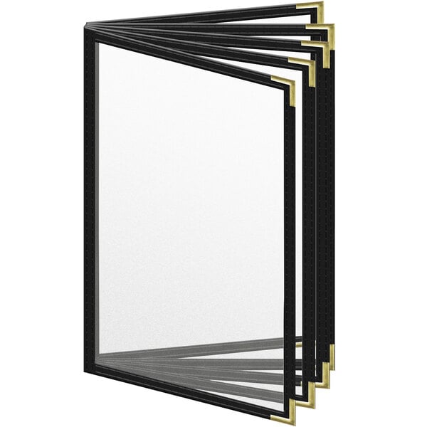 A black H. Risch, Inc. menu cover with gold corners and black stitching.