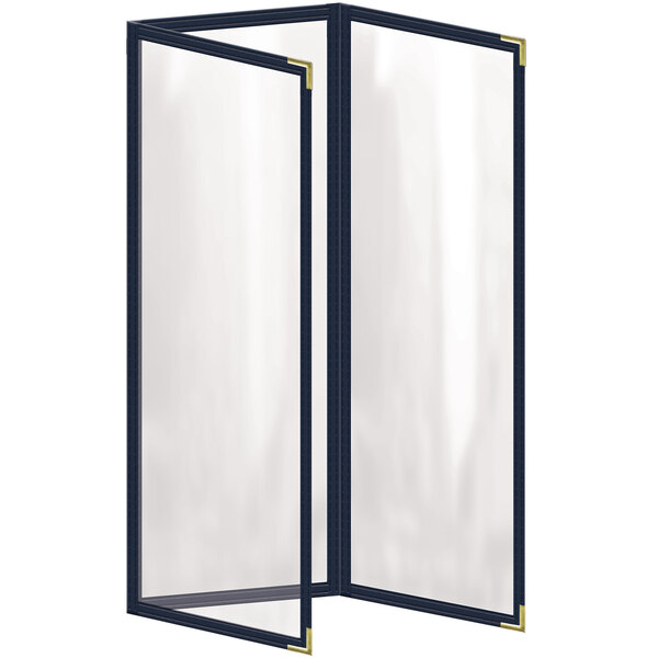 A white rectangular vinyl menu cover with a black border and gold smooth corners.