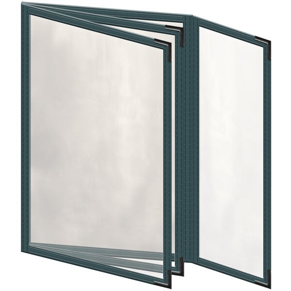 A green H. Risch, Inc. vinyl menu cover with black smooth corners and a gloss finish.