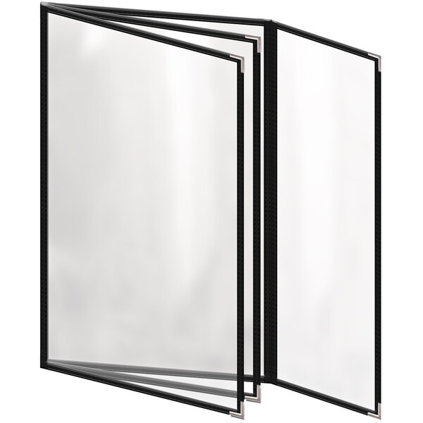 A close-up of a black menu folder with silver corners.