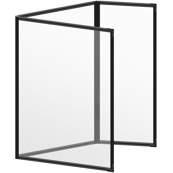 A black rectangular menu cover with a white background.