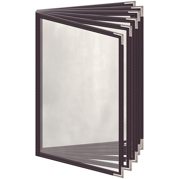 A group of brown H. Risch, Inc. menu covers with silver corners.