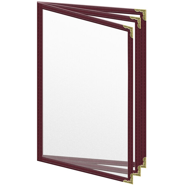 A maroon vinyl menu cover with gold decorative corners and a matte finish.
