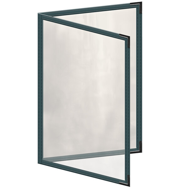 A rectangular green menu cover with black corners and a gloss finish with a window showing the menu.