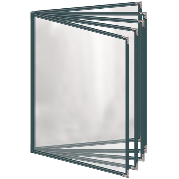 A group of H. Risch, Inc. green vinyl menu covers with silver decorative corners and clear inserts.