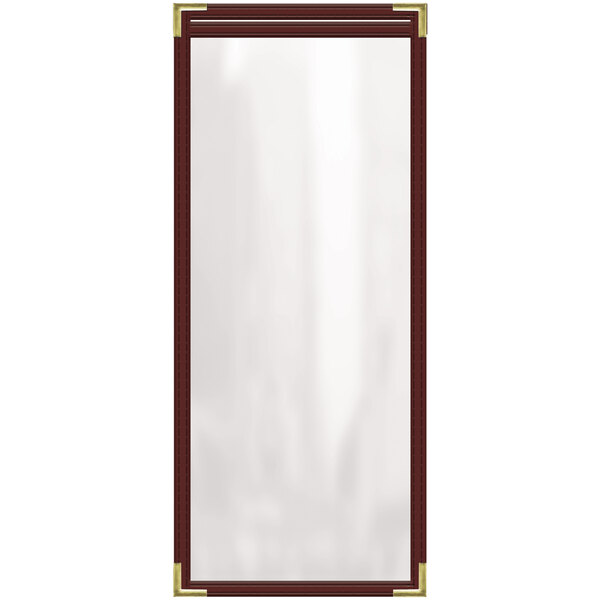 A rectangular maroon and gold vinyl menu cover.