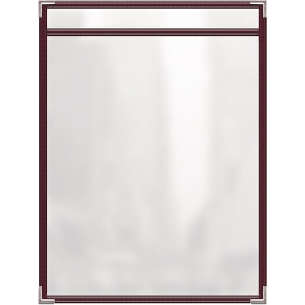 A white rectangular menu cover with a maroon border.