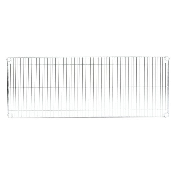 A white Metro Super Erecta wire shelf with metal grid panels.