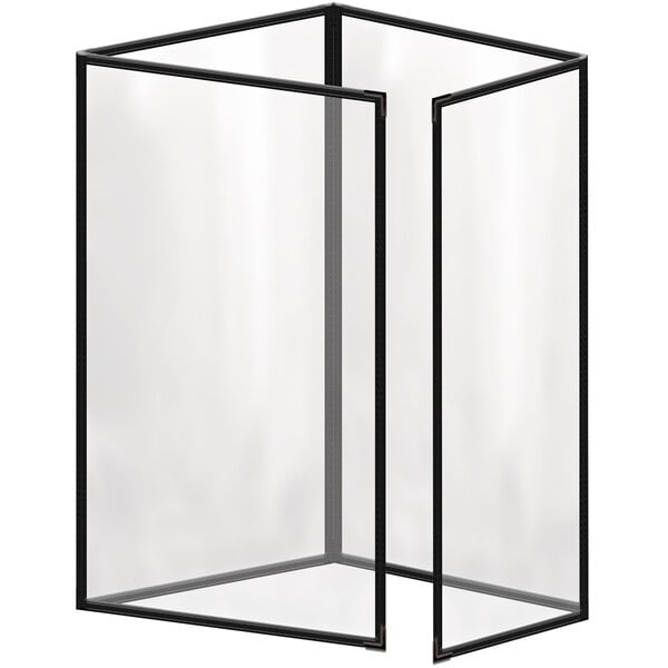 A black rectangular menu cover with glass panels and black smooth corners.
