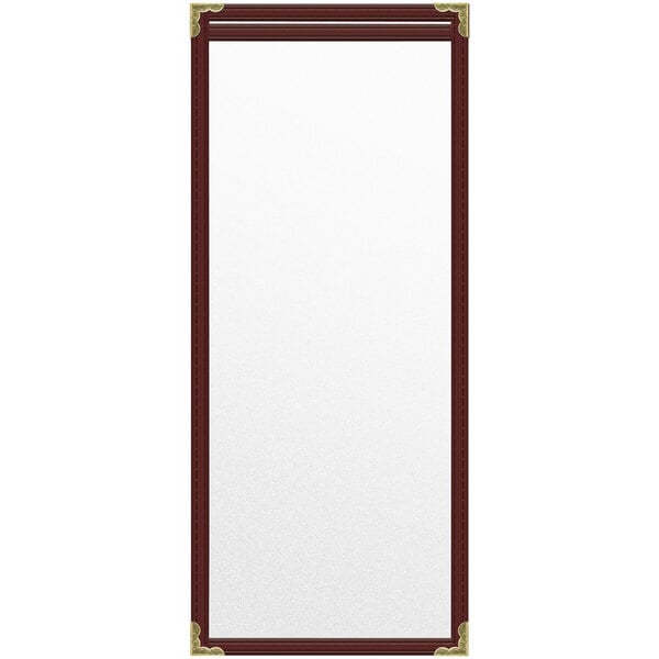 A maroon rectangular menu cover with gold decorative corners.