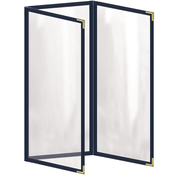 A white rectangular menu cover with black lines and gold corners.