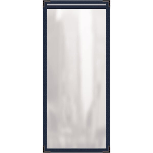 A white rectangular menu cover with black corners and a blue border with black lines.