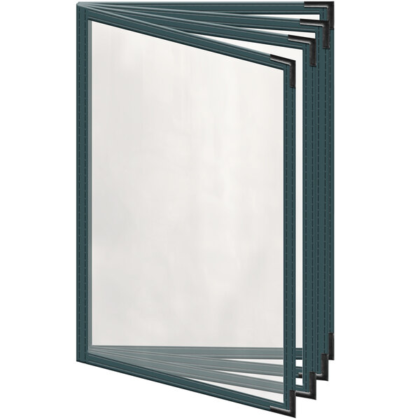 A group of H. Risch, Inc. green menu covers with black corners on a white surface.