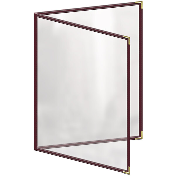 A maroon menu cover with a gold border and corners.