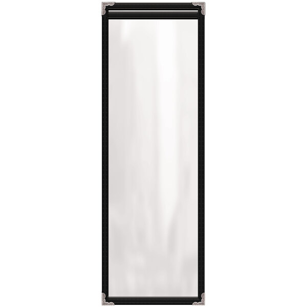 A rectangular black menu cover with silver corners and black edges.