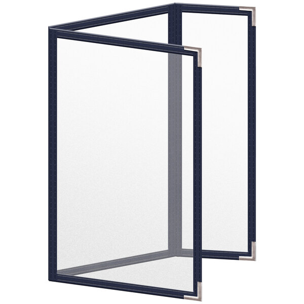A black rectangular menu cover with silver corners and a matte finish.