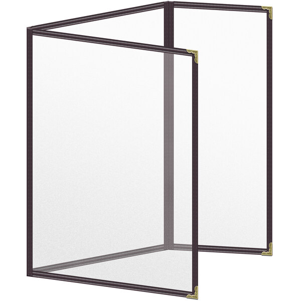 A brown rectangular menu cover with gold corners and a matte finish.