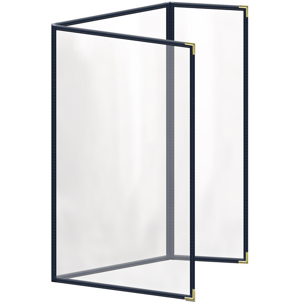 A blue rectangular menu cover with gold corners and black lines.