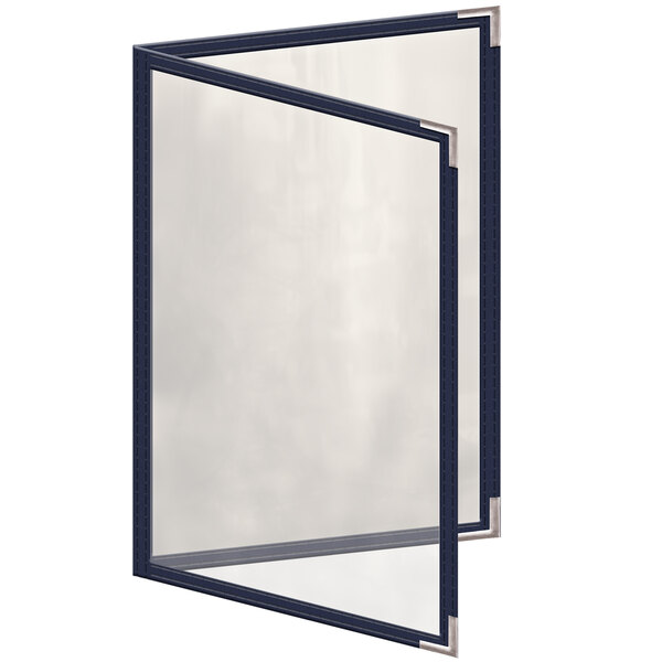 A blue rectangular H. Risch menu cover with silver smooth corners.