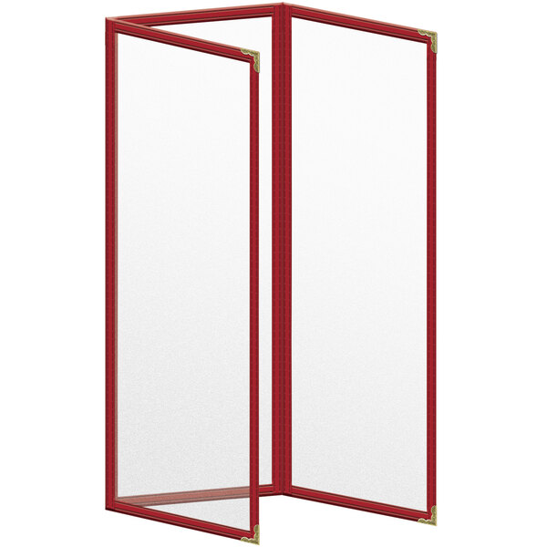 A red rectangular H. Risch, Inc. vinyl menu cover with gold corners.