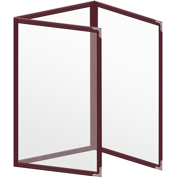 A maroon vinyl menu cover with silver corners and a matte finish.