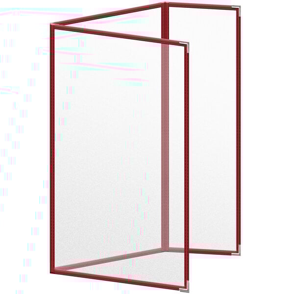 A red rectangular menu cover with silver corner accents.