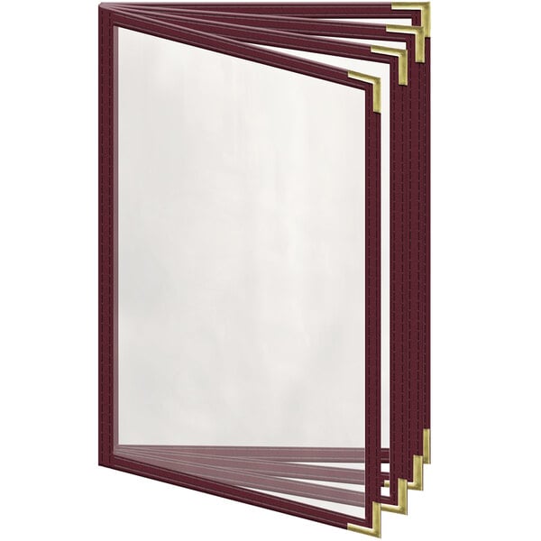 A maroon menu cover with gold trim.