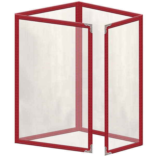 A red rectangular vinyl menu cover with silver decorative corners.