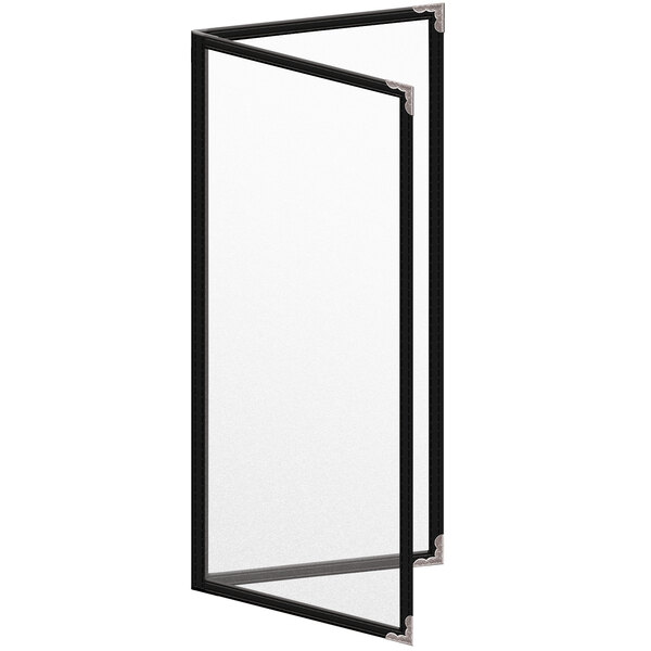 A black rectangular menu cover with silver corners and black edges.